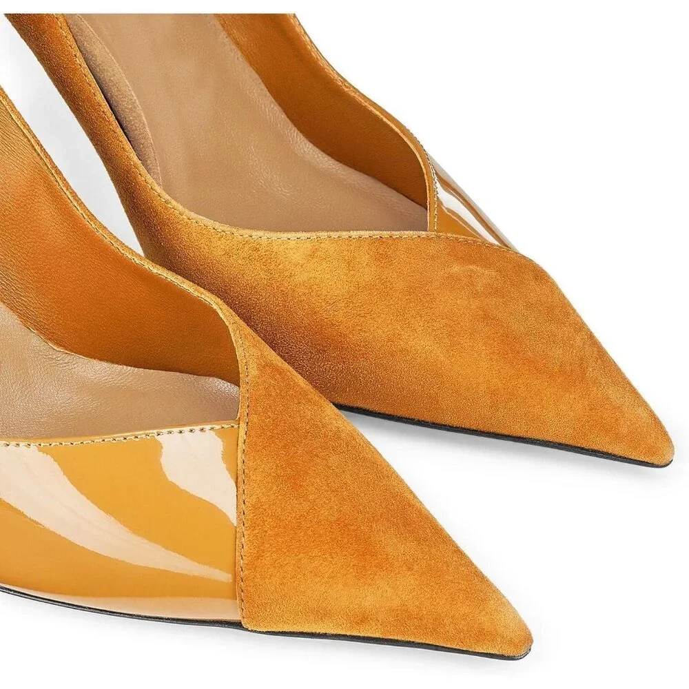 Women's Brown Pointed Toe High Heels Pumps Patent Suede Stiletto Heel Slip on